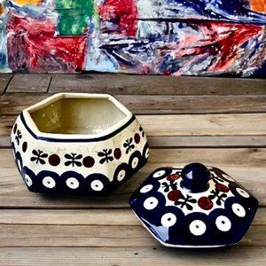 Boleslawch Hand Made Pottery Blue Trinket Jewelry Box Lidded Dots Poland